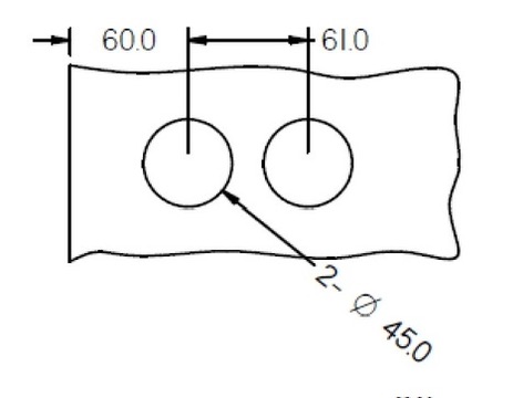 門鎖開孔原廠圖：兩個 Ø45 mm 開孔，距邊 60 mm、孔距 61 mm